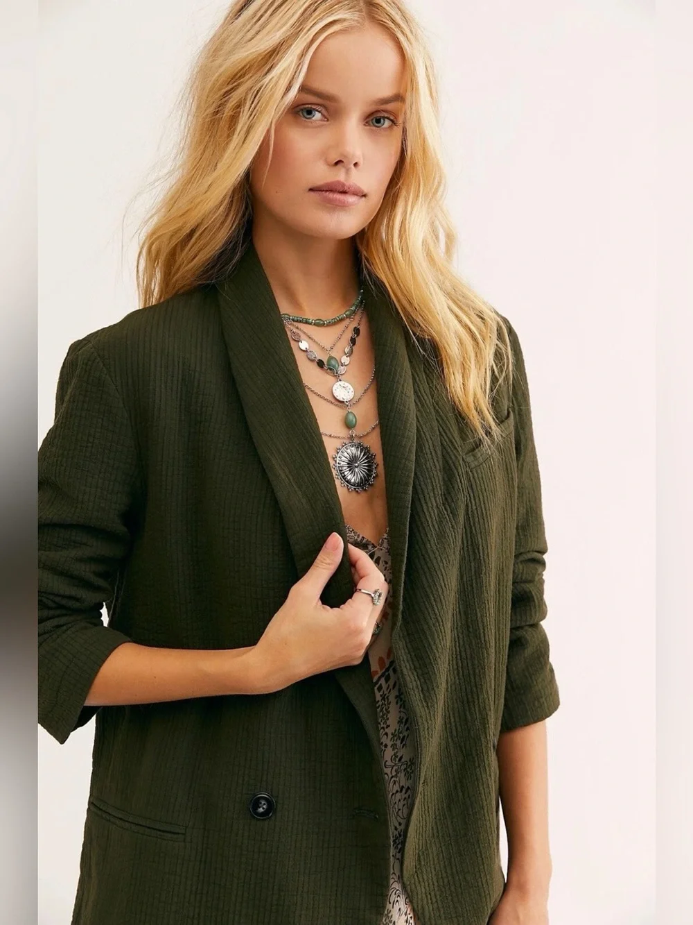 Free People Rumors Blazer Jacket Olive Green Double Gauze Cotton Oversized S
